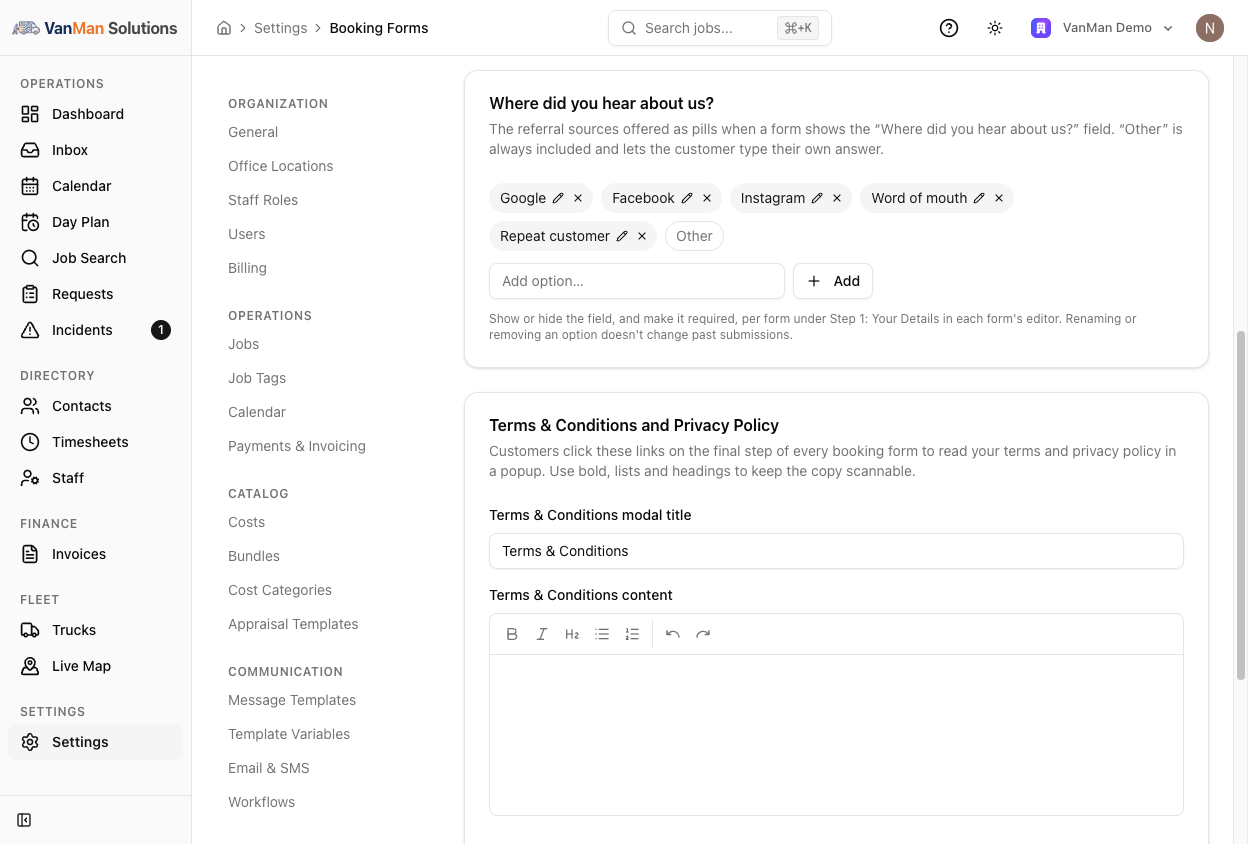 The Where did you hear about us? card in Booking Forms settings, showing editable pills for Google, Facebook, Instagram, Word of mouth and Repeat customer, a locked Other pill, and an Add option box.