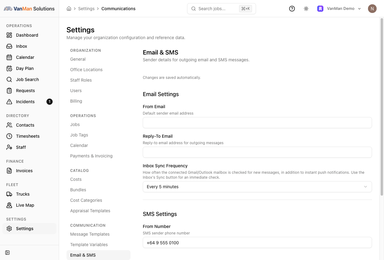Settings → Email & SMS showing From Email, Reply-To Email, and an Inbox Sync Frequency dropdown set to Every 5 minutes, with SMS From Number below.