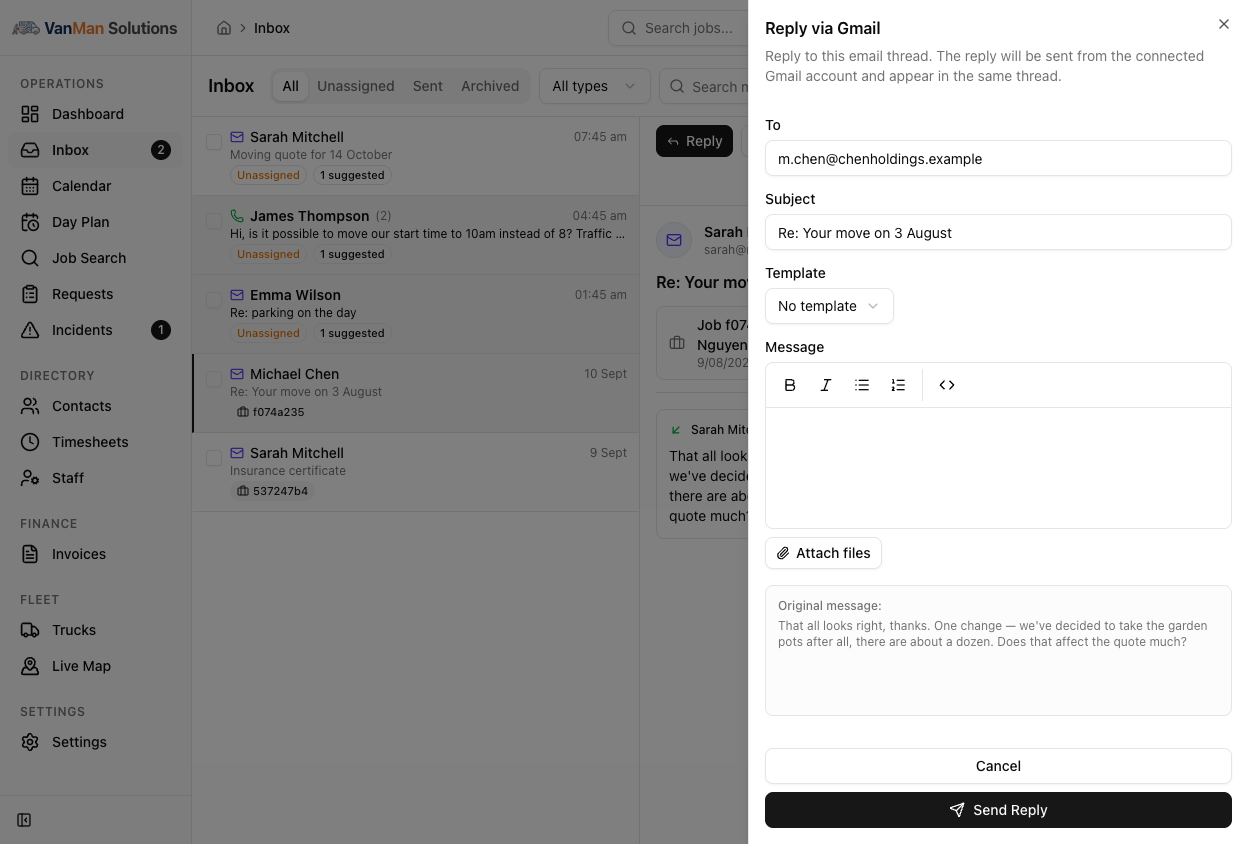 The Reply via Gmail drawer open over the Inbox, with To, Subject, a Template dropdown, a rich-text message body, an Attach files button and the original message quoted below.