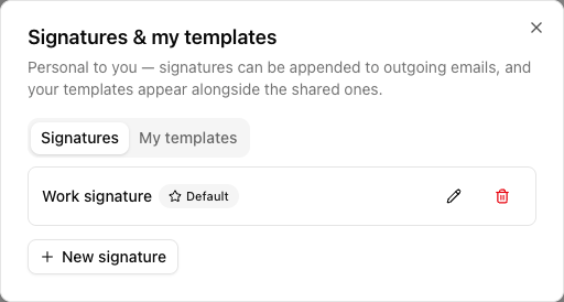 The Signatures and my templates dialog with two tabs, showing a saved signature named Work signature marked Default with edit and delete icons, and a New signature button.