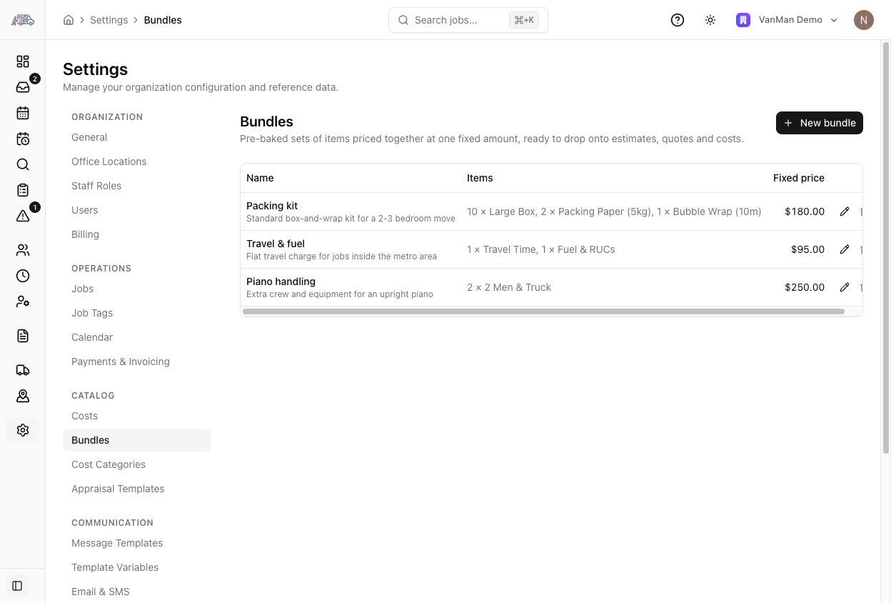 The Bundles settings page listing Packing kit, Travel and fuel, and Piano handling, each with its component items and a fixed price of $180.00, $95.00 and $250.00, plus a New bundle button.