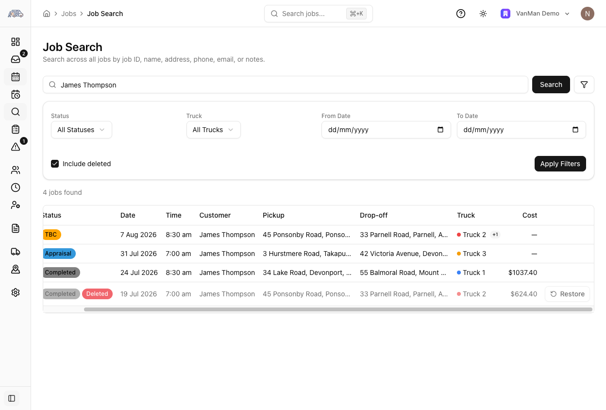 Job Search with Include deleted ticked, showing a dimmed row carrying a red Deleted badge alongside its Completed status, with a Restore button at the end of the row.