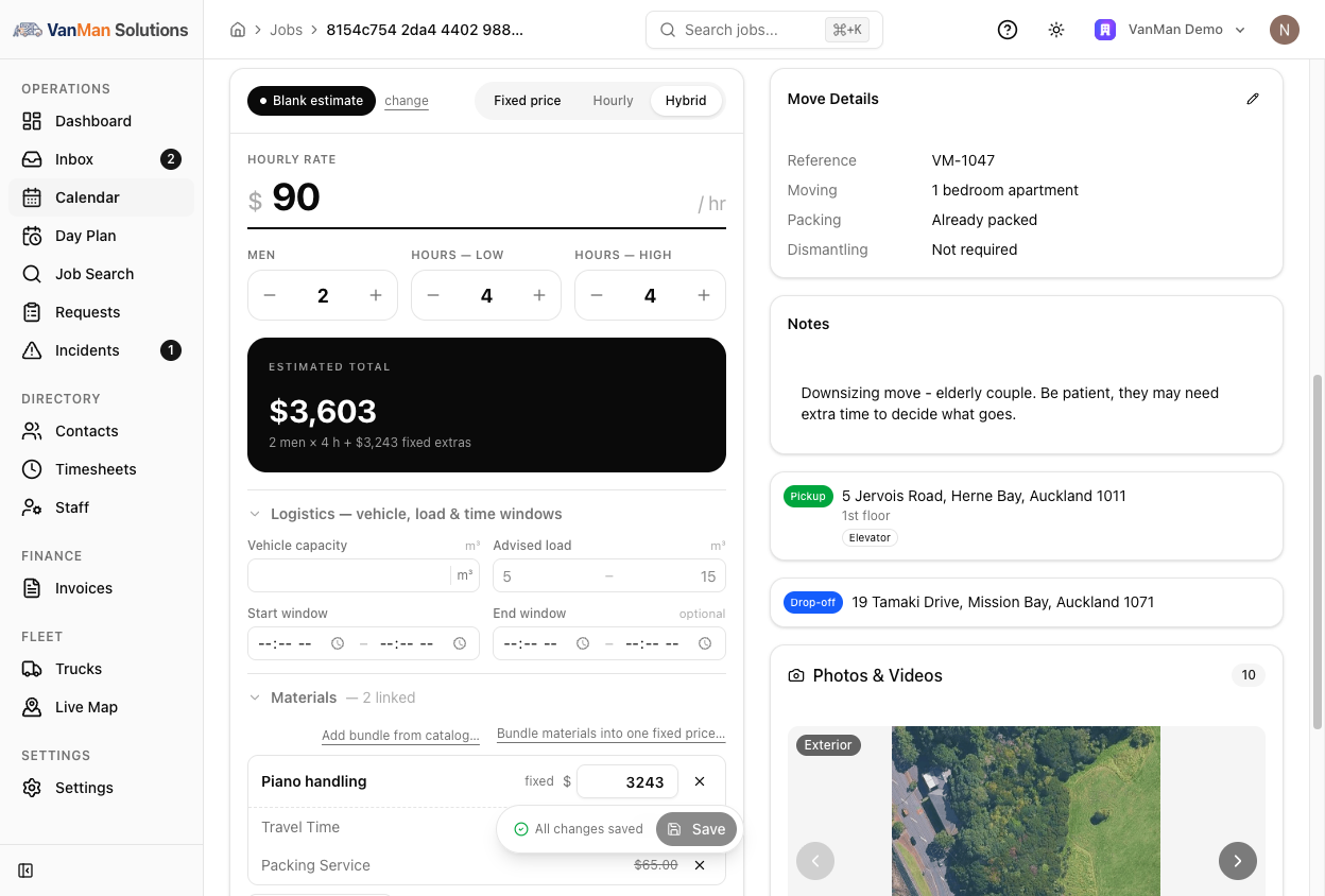 A job's Estimate tab with the Fixed price / Hourly / Hybrid toggle set to Hybrid, an hourly rate of $90, steppers for Men and Hours low/high, and an Estimated total of $3,603 reading 2 men × 4 h plus fixed extras.